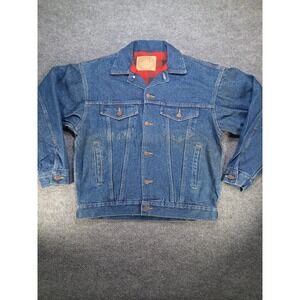 Vintage 80s Weekends Denim Jacket Mens Blue Buffalo Plaid Flannel Lined Trucker